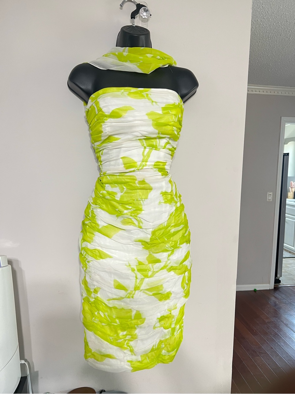 Strapless Lime Green and White Floral Sheath Dress with scarf